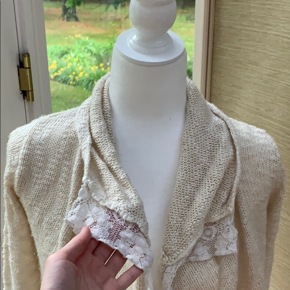 Lucky Brand Ivory Lacy Cardigan, Open Front Cardigan Sweater, Boho Cardigan - Picture 7 of 12